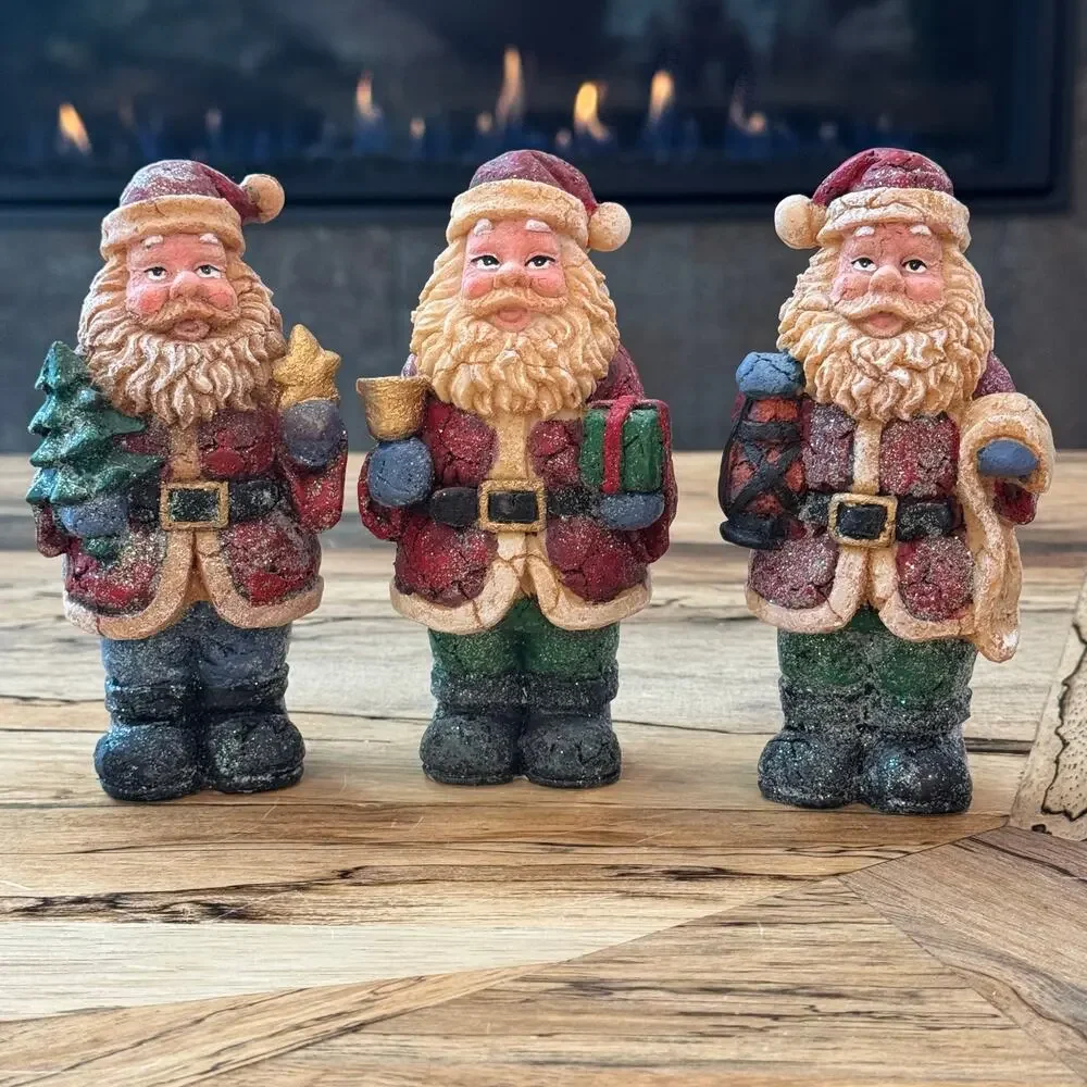 Vintage Style Old World Santa Claus Figurines Set of 3 Rustic Carved Wood Look